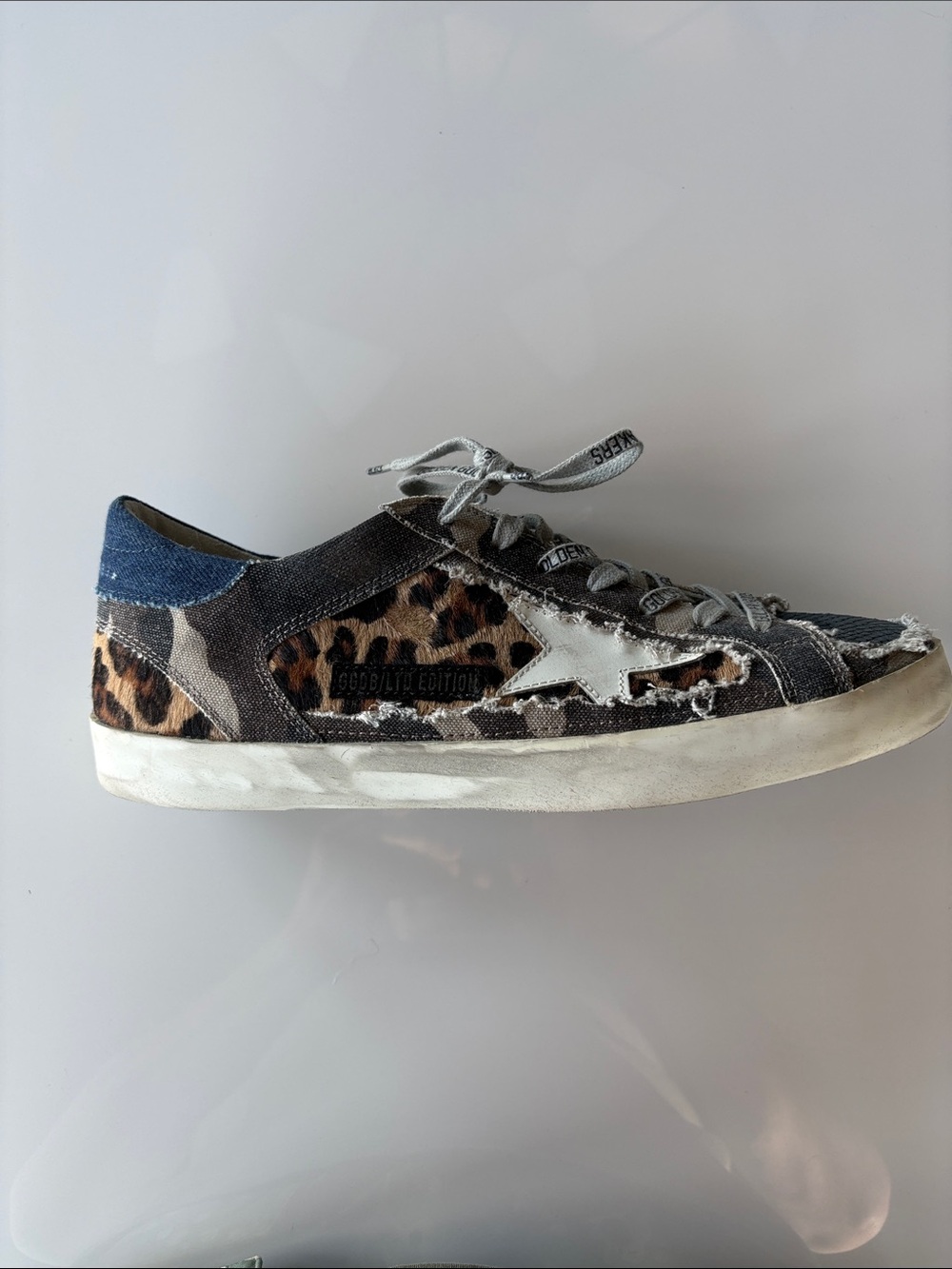 Golden Goose Leopard & Denim Low-Top Sneaker with White Star
